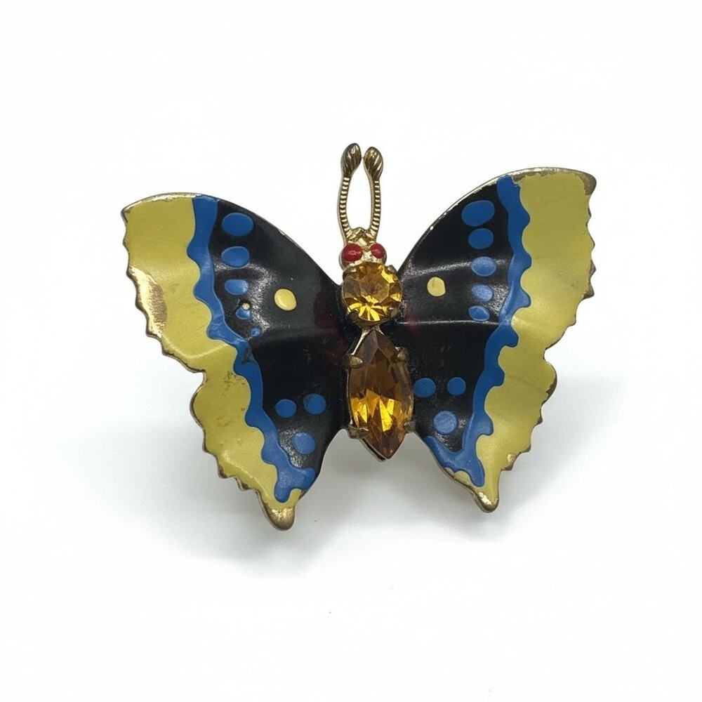 Antique Czechoslovakia Butterfly Brooch Enamel & Glass Amber C Clasp Delicate